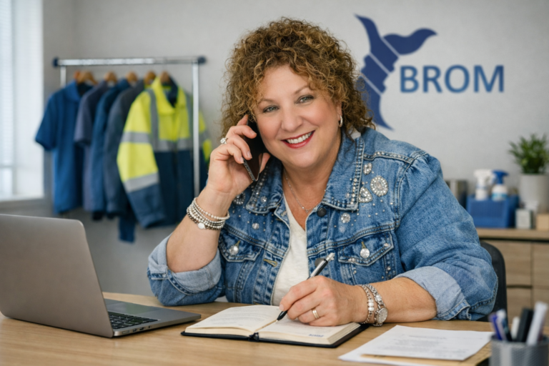 Zakelijke medewerker van Brom Schoonmaakbedrijf in modern kantoor tijdens klantcontact en planning