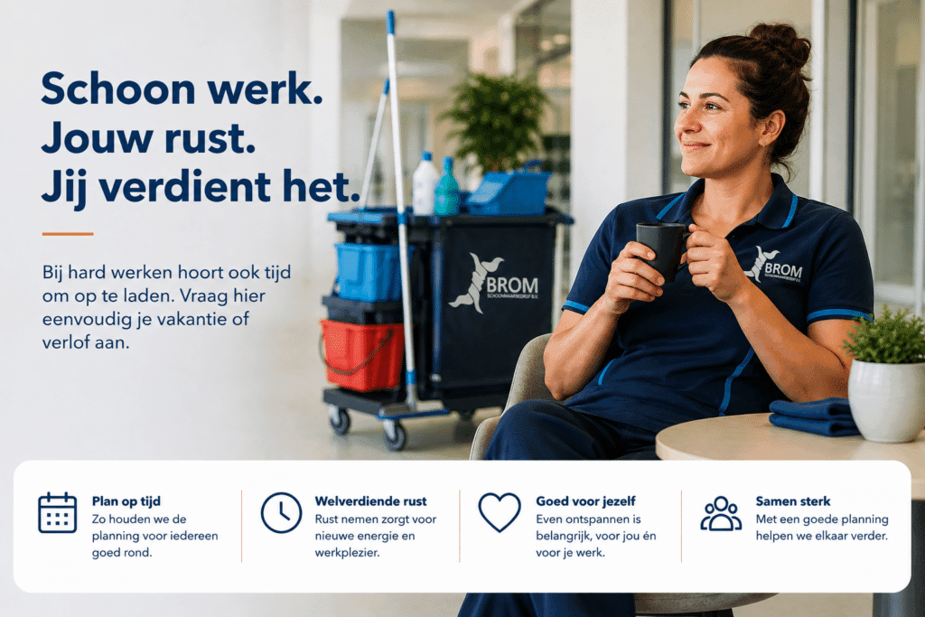 Schoonmaakmedewerker van Brom Schoonmaakbedrijf tijdens een rustmoment naast een schoonmaakkar met Brom-logo.